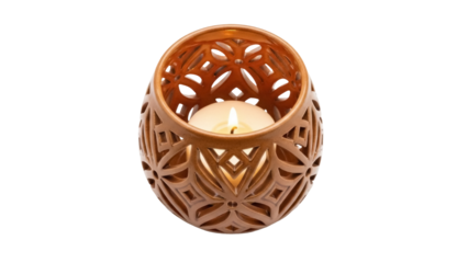 Ornate copper candle holder with lit candle isolated PNG, decorative home accent for cozy atmosphere and ambient lighting