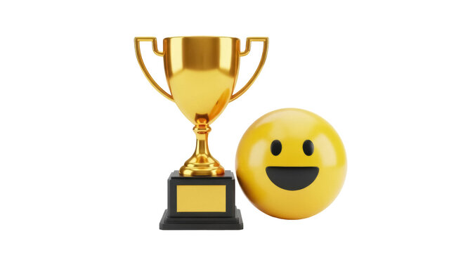 Golden trophy cup and yellow smiley face isolated PNG on transparent background, symbol of success and positive emotion for graphic design
