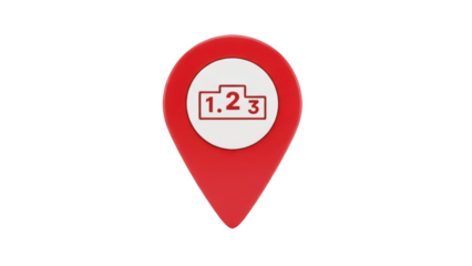 Red map pointer with podium isolated PNG, location pin with ranking stage on transparent background for navigation and competition