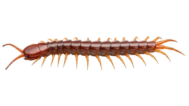 Brown centipede isolated PNG on transparent background, venomous insect with many legs for educational or scientific use