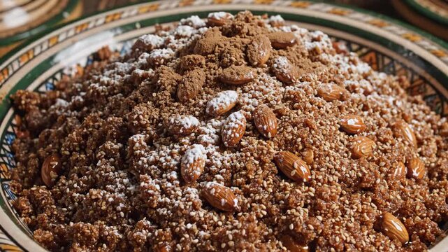 close-up view of a traditional Moroccan Sellou dessert being decorated.