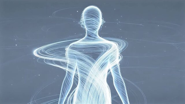 Digital human figure silhouette formed by white light lines