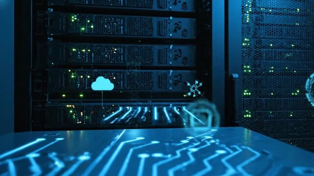 Dark Server Room with Blue Circuit Board and Cloud Computing Icons