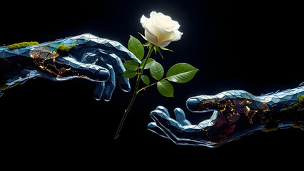 Robotic hands gently offering a white rose with green leaves on a dark background