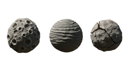 Gray stone balls asteroid, cratered, layered, cracked, isolated on transparent background