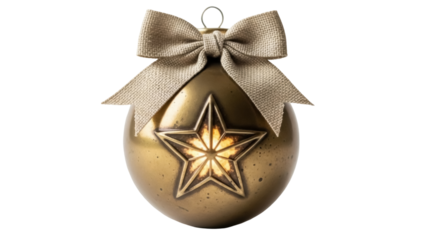 Golden Christmas ball with star and bow isolated PNG, festive holiday ornament for Christmas tree decoration on transparent background
