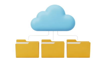Cloud storage with folders isolated PNG on transparent background, data management and file organization concept for technology and business use