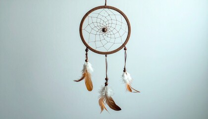“Dreamcatcher hanging against clear sky sunlight shining through woven web feathers beads serene cultural symbol”