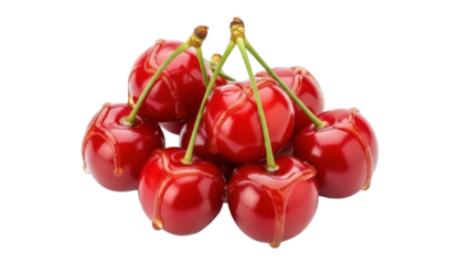 Pile of fresh red cherries with water droplets isolated PNG, sweet summer fruit on transparent background for healthy eating and dessert concepts