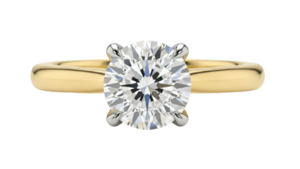 Elegant solitaire diamond ring isolated PNG, classic engagement jewelry with round cut stone and yellow gold band on transparent background