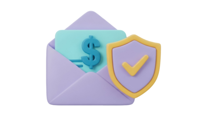 3D rendering of a secure payment in an envelope isolated PNG, financial security and money protection concept on transparent background