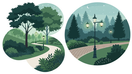 Serene park scenes with lush greenery and streetlights