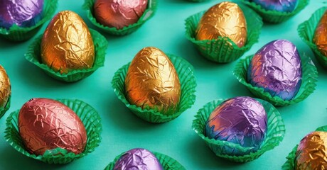 Colorful chocolate eggs wrapped in foil, nestled within green paper cups. Bright background creates festive, sweet presentation.