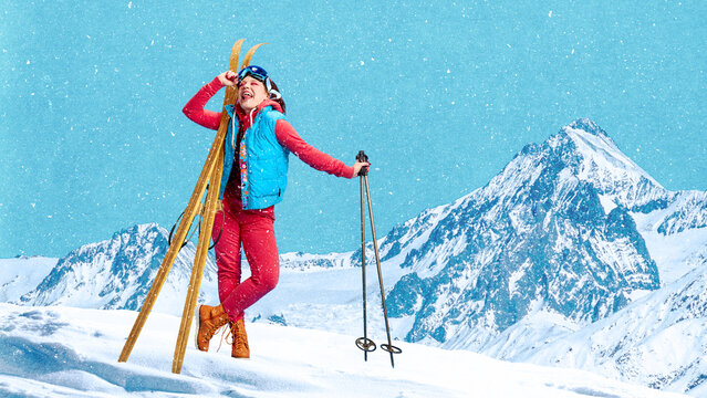 Playful composition joyful woman posing with vintage skis in alpine snow. Concept of family winter travel, ski school promo, nostalgic holiday marketing, and cheerful seasonal storytelling visuals