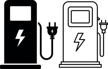 Electric Vehicle Charging Station Icon Set Silhouette