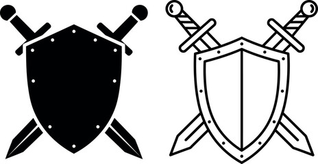 Shield and Crossed Swords Icon Set in Silhouette and Outline