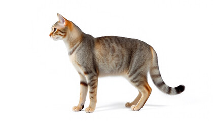Standing domestic cat side view isolated on white background