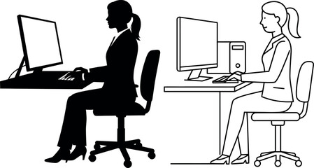 Businesswoman Working at Computer Desk Icon Set