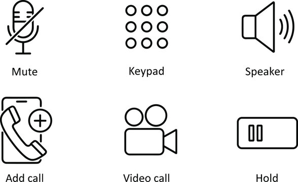Phone Call Interface Icon Set Featuring Mute Keypad Speaker Add Call Video Call And Hold Symbols For Mobile Application Design