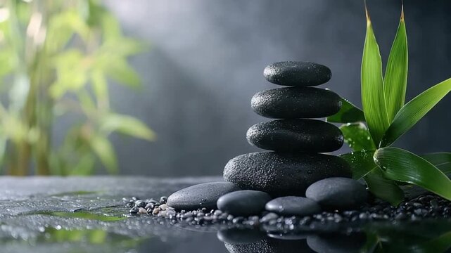 zen basalt stones and bamboo, spa frame with white space for text video