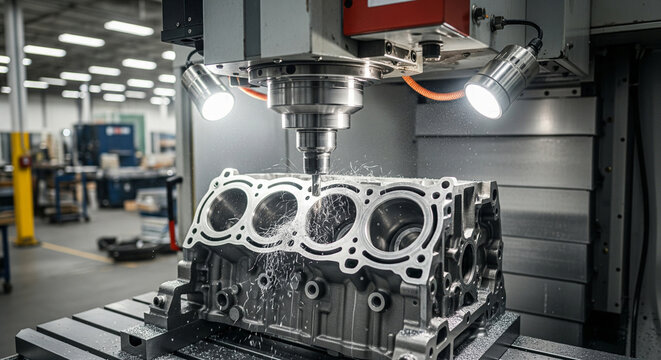 Close-up of a CNC milling machine working on an engine block in an industrial environment boring out the cylinder head