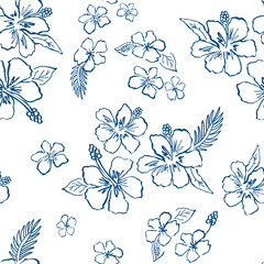 Blue hibiscus flower tropical seamless pattern. Summer vacation floral background. Sketch drawing in ink, hand drawn Hawaii print, wallpaper, card, textile design, wrap paper. Vector illustration. © Tani Kuzminka