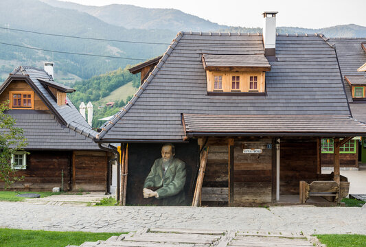 Mokra Gora, Serbia - August 28, 2015: House with Fyodor Dostoevsky portrait in Drvengrad village also called Kustendorf built by Emir Kusturica