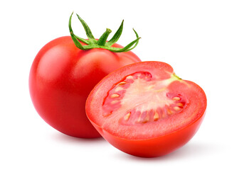 Fresh tomato with half cut isolated on white.
