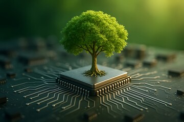 Green technology tree growing from electronic microchip symbolizing sustainability eco innovation and artificial intelligence concept for future renewable environment digital development