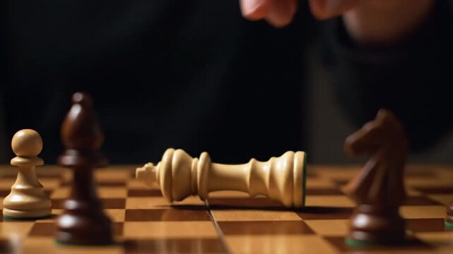Strategic chess queen piece on wooden board with opponent pieces
