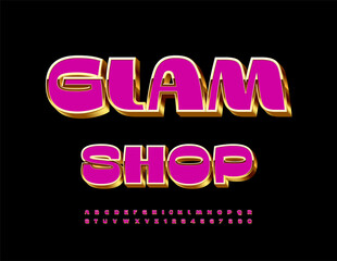 Vector Stylish design Glam Shop. Elite Pink and Gold 3D Font. Cool Amazing Alphabet Letters and Numbers set