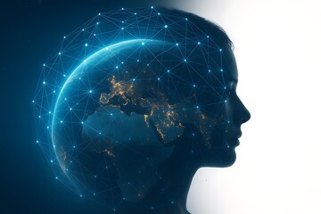 Futuristic digital globe merged with human face symbolizing artificial intelligence technology innovation and worldwide network communication connection concept in global virtual world