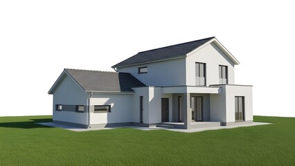 A modern two-story white house with a gray roof and green grassy lawn in a serene suburban setting