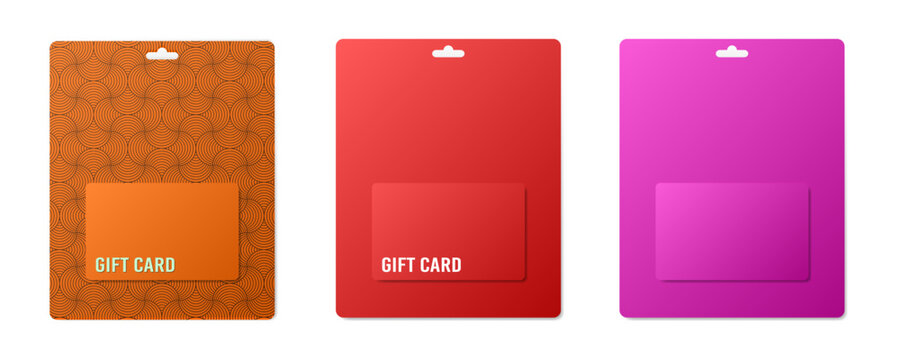 Gift card packaging mockups with hanging hole. Orange, red, and pink cardboard packs. Voucher or coupon	