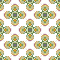 Seamless illustrated pattern made of abstract elements in beige, green, and brown. Damask seamless pattern. Ideas for rugs, textiles, tiles, pottery, and backgrounds.