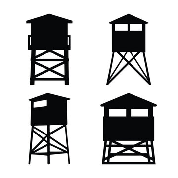 Collection of hunting blind and observation tower silhouettes for outdoor and security themes