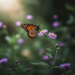 Obraz premium Monarch Butterfly on Purple Flowers in Soft Light