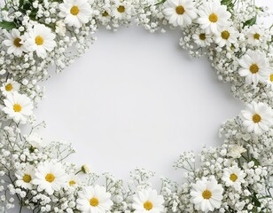 Fototapeta premium Delicate white flowers on a white background. Spring frame. Space for text. Color of the Year 2026, Cloud Dancer.