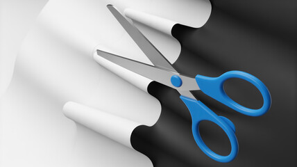 Blue scissors making a precise cut through white paper, revealing a stark black surface