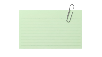 Green lined index card with paper clip PNG isolated on transparent background, office supply for notes and reminders, stationery item