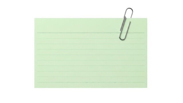 Green lined index card with paper clip PNG isolated on transparent background, office supply for notes and reminders, stationery item