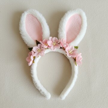 White Fluffy Bunny Ear Headband with Pink Flowers