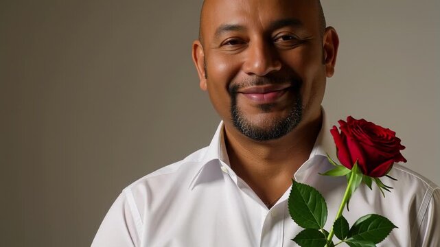 Romantic Italian man portrait celebrating Valentine's Day holding a red rose flower, isolated studio background, smiling face with love and dating concept.