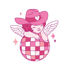 Hand drawn vector Valentine cupid character with disco ball. Vector illustration on isolated background. 