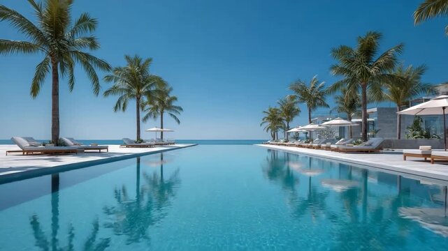 Luxurious tropical resort pool with palm trees and ocean view