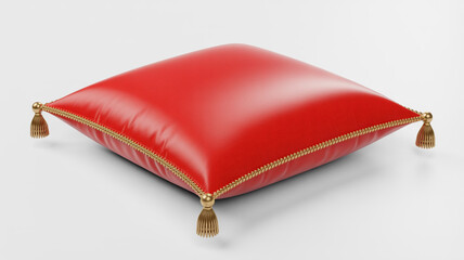 A luxurious red cushion with golden tassels and trim on a white background
