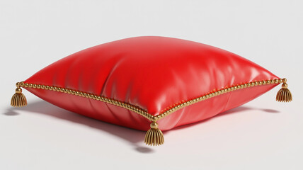 A luxurious red decorative pillow with elegant golden trim and tassels for opulent decor