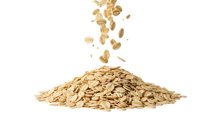 Macro of oats falling from a pile onto a surface isolated on a transparent background