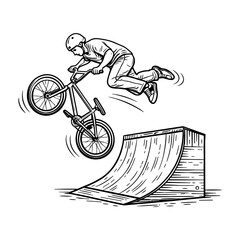 Naklejka premium Illustration of a BMX rider performing an aerial trick off a wooden ramp. Hand drawn vintage style