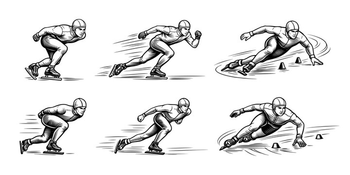 Illustration set of six male speed skaters in action. Hand drawn style